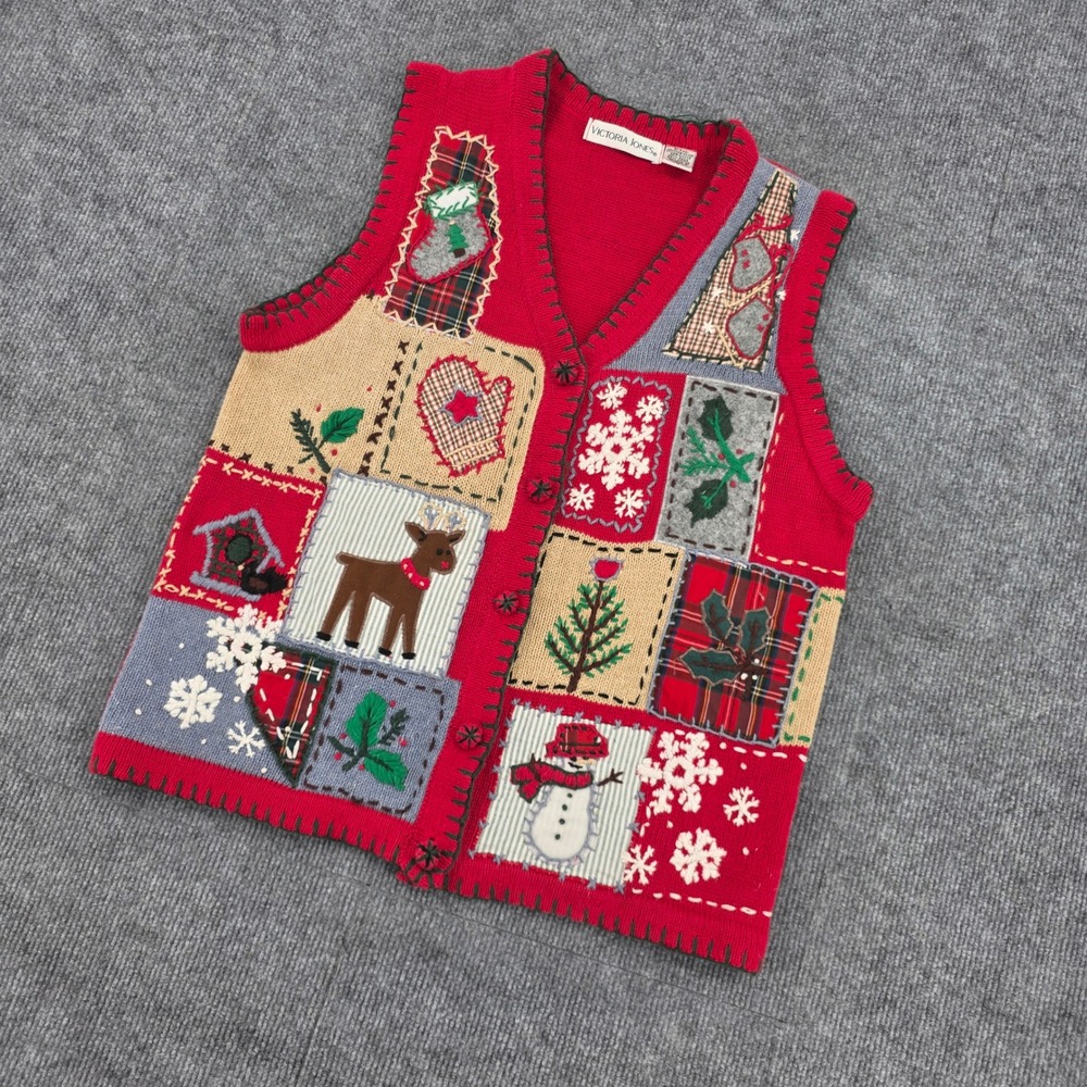 Victoria Jones Christmas Sweater Vest Red Patchwork Reindeer Snowman Medium